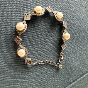 Elegant Silver and Pearl Bracelet encrusted in CZ’s